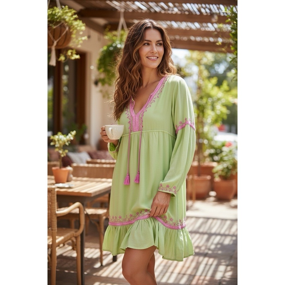 Women Green Swim Cover Up Dress Size M Pink Embroidery Boho Beach Rayon